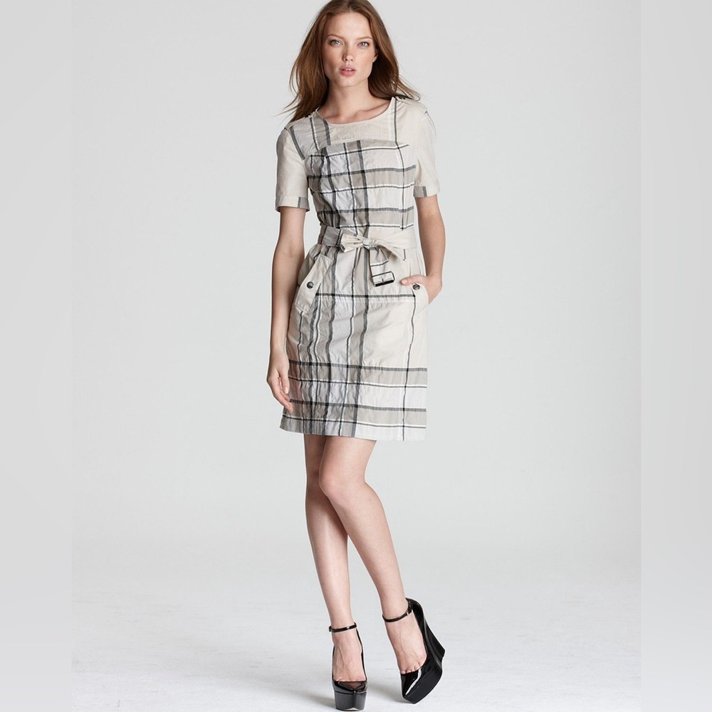 Burberry Beige Plaid Mini Dress with Waist Tie